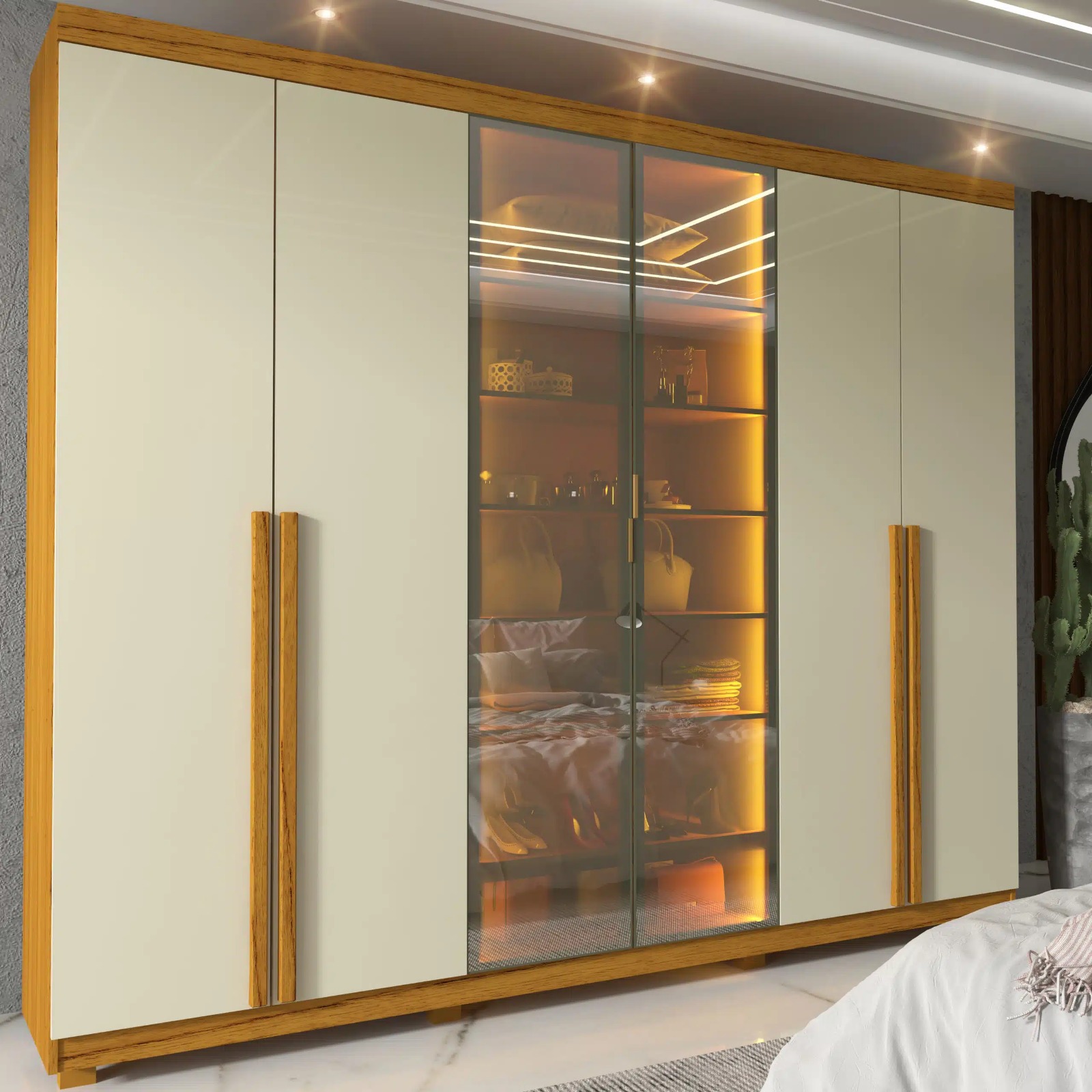 0752787 Roupeiro Imperatriz 6P sendo 2 Portas Vidro Reflecta com LED e Pes Naturale.Off White Gelius