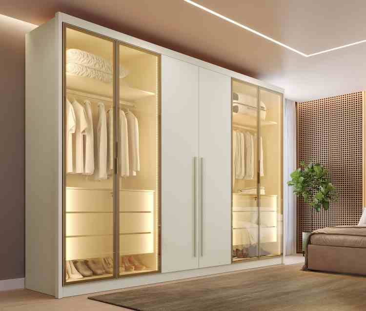 12451.137-Roupeiro Madri 6P, sendo 4 Portas Vidro Reflecta e 2 Portas MDF Off White 10V MadMarcs