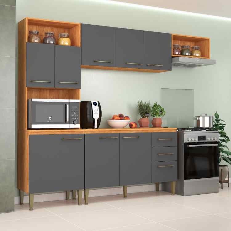 CL16.Cozinha Compacta Completa Malu 9P2G com Balcão Cinamomo/Grafite Fellicci
