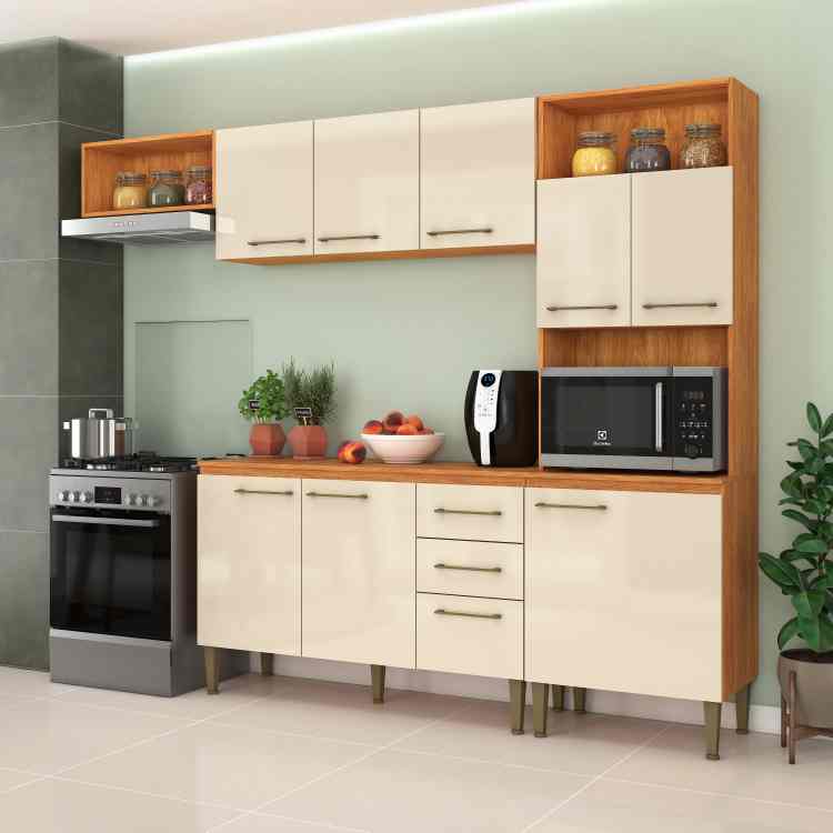 CL16.Cozinha Compacta Completa Malu 9P2G com Balcao Cinamomo/Off White Fellicci